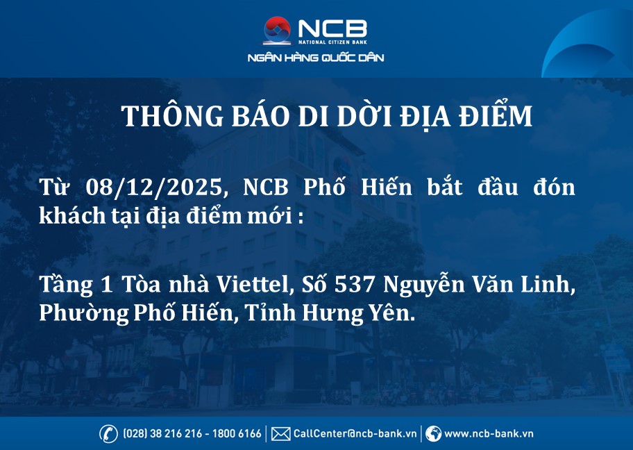 NCB Phố Hiến thay đổi địa điểm giao dịch