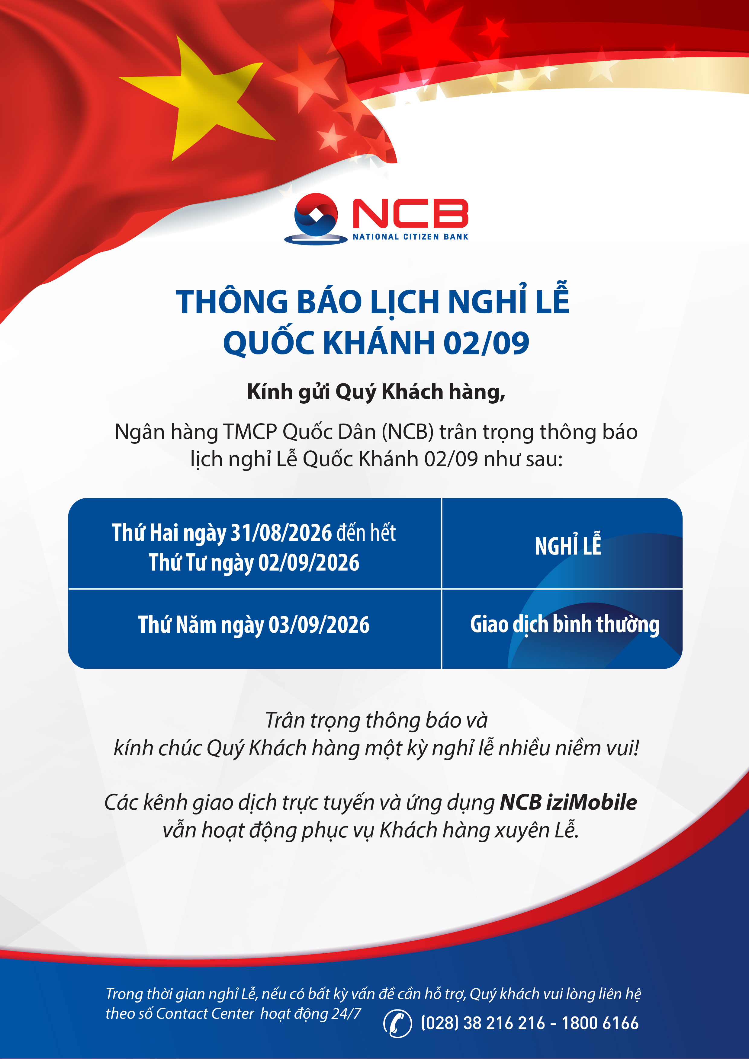 THÔNG BÁO LỊCH NGHỈ LỄ QUỐC KHÁNH 2/9