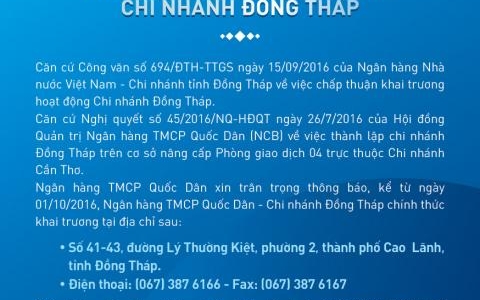 NOTICE OF OPENING OF DONG THAP BRANCH