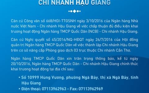 NOTICE OF OPENING OF HAU GIANG BRANCH
