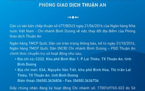 NOTICE OF RENAMING AND CHANGING THE ADDRESS OF THUAN AN TRANSACTION OFFICE