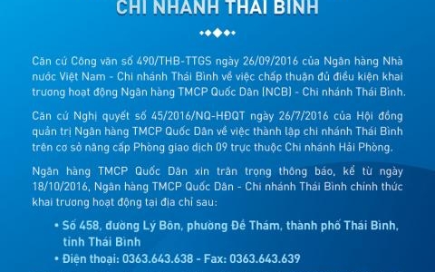 NOTICE OF OPENING OF THAI BINH BRANCH