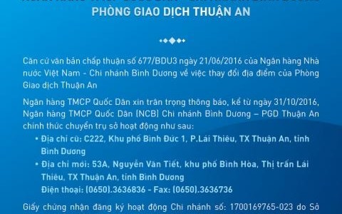 NOTICE OF RENAMING AND CHANGING THE ADDRESS OF THUAN AN TRANSACTION OFFICE