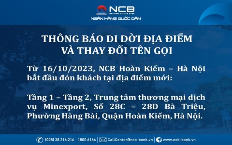 RELOCATION AND NAME CHANGE OF NCB KHAM THIEN - HA NOI BRANCH 
