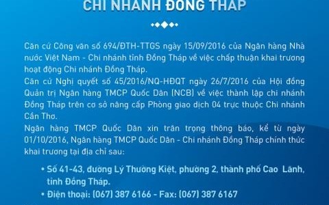 NOTICE OF OPENING OF DONG THAP BRANCH
